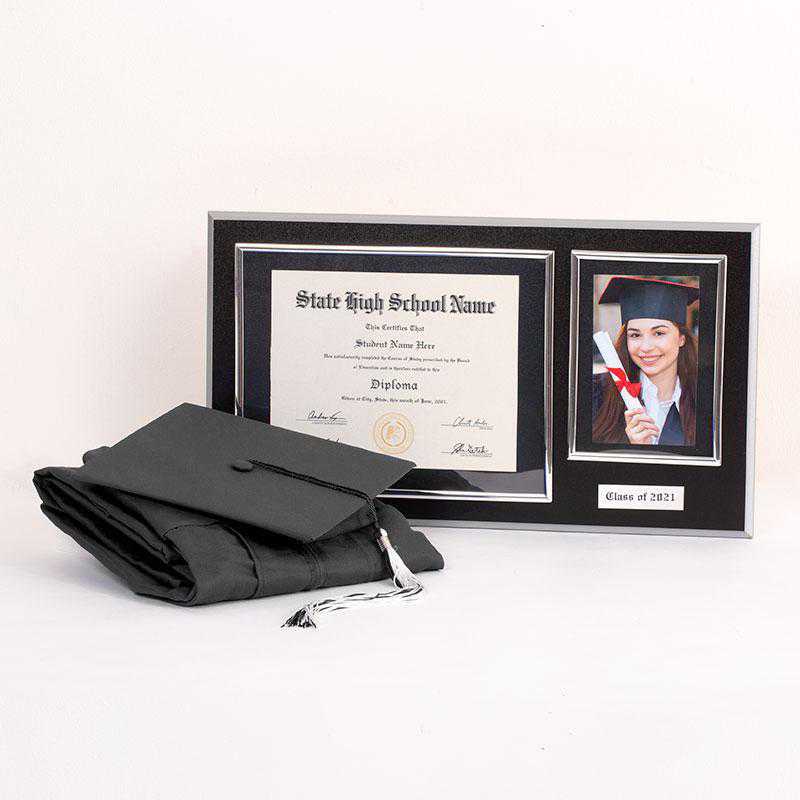 Image of a cap and gown and a diploma frame