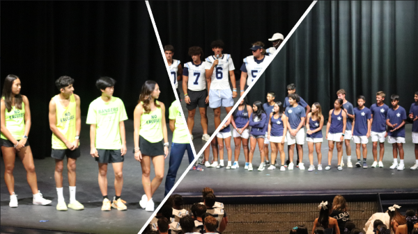 From left to right: members of the cross country team, football team, and tennis team at the Athletic Kickoff Pep Rally on Aug. 19. The pep rally, which took place from 6-7 p.m., was moved indoors due to the extreme heat