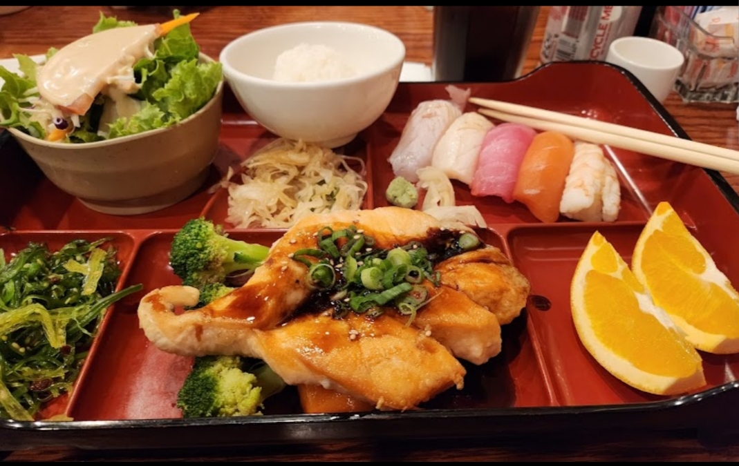 The teriyaki salmon bento box at Mori Ichi Sushi.
Photo courtesy of Carol Barkouda.