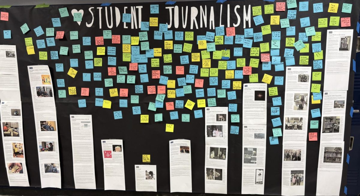 As editor-in-chief, Wei (far right) helped lead the first campus-wide celebration of Student Press Freedom Week. The poster above featured sticky notes from students in response to the prompt: "Why do you love the RoundUp?"