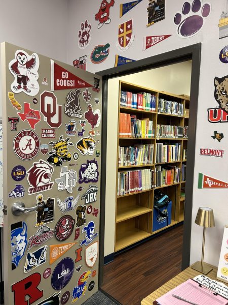 The door to college and career advisor Raven Hollins-Crowder's office in the library, decked out with college merch.