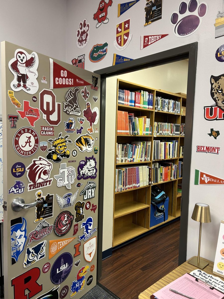The door to college and career advisor Raven Hollins-Crowder's office in the library, decked out with college merch.
