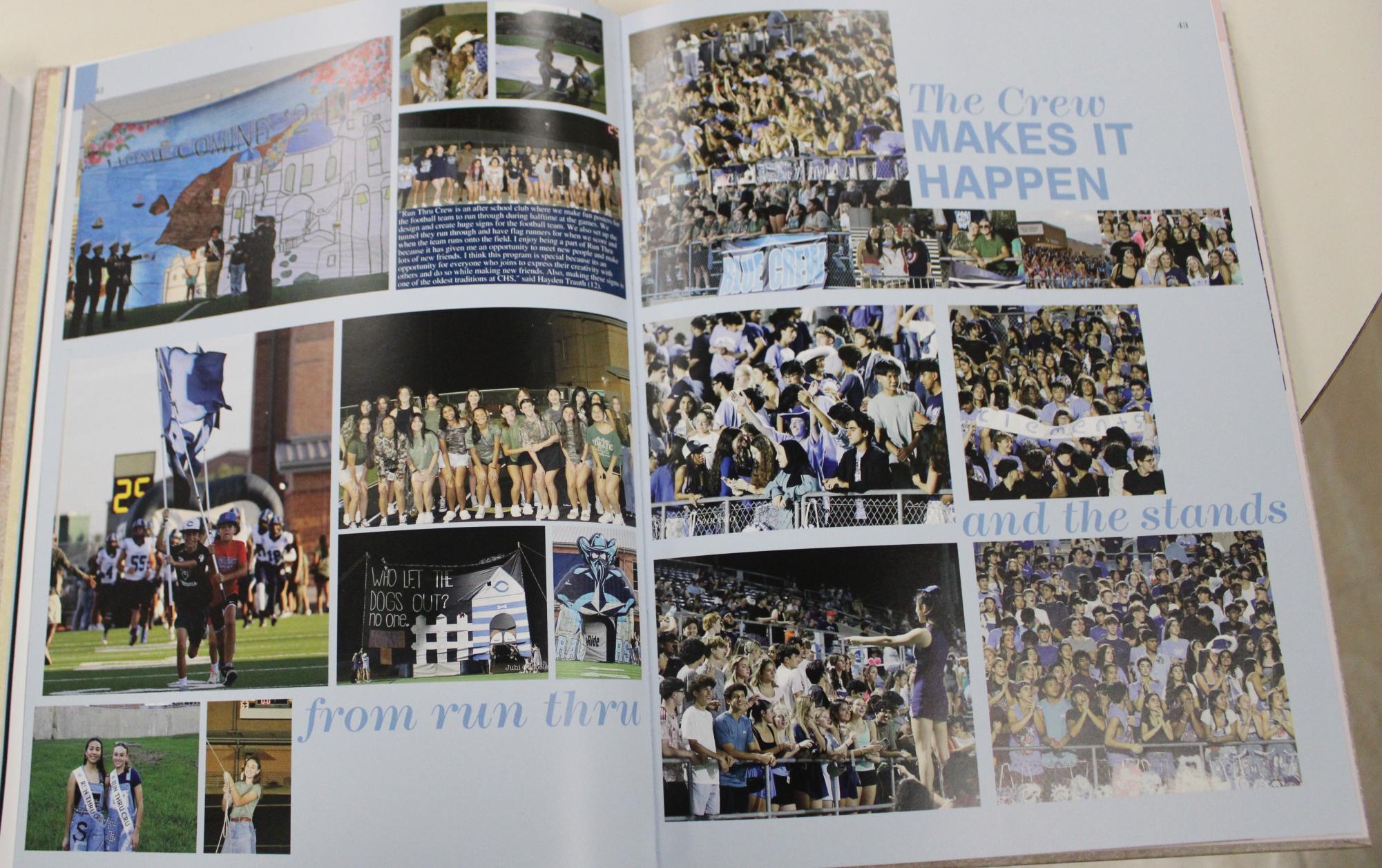 The 2025 RunThru Crew page that highlights moments mostly through photos, whereas previous years' spreads have been more text-heavy.