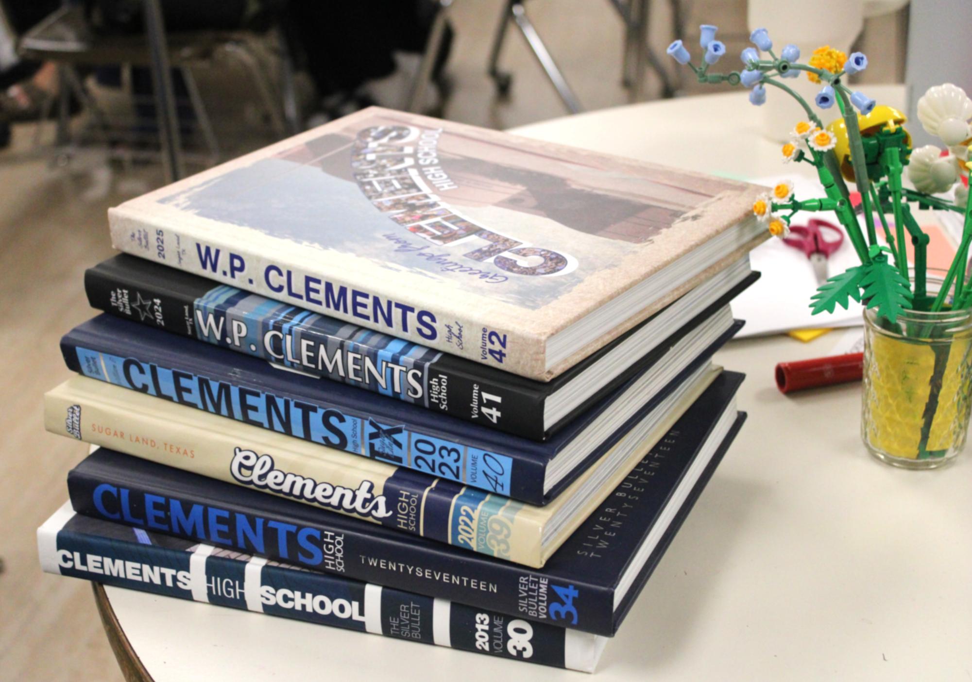 A stack of yearbooks produced over the past 15 years under adviser Fay Mayo. 